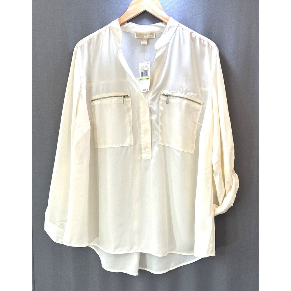 Michael Kors Sheer Blouse Top Sz 18W Cream Ivory Roll Tab Minimalist Polished